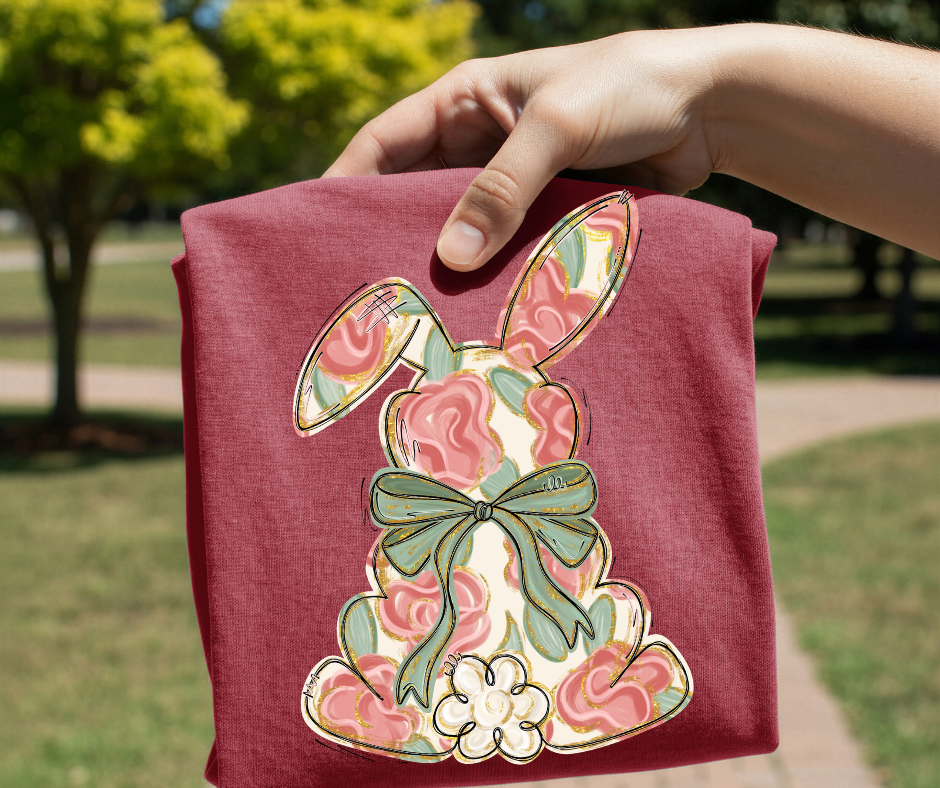 Floral Easter Bunny DTF Transfer – Vintage Bow Spring Design | Ready to Press Heat Transfer for Shirt Makers