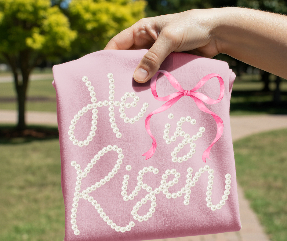 He Is Risen Pearl Bow DTF Transfer – Pink Easter Faith Design | Ready to Press Heat Transfer for Shirts