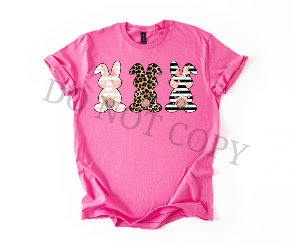Triple Bunny DTF Transfer – Floral Leopard Striped Easter Bunny Design – Ready to Press Heat Transfer