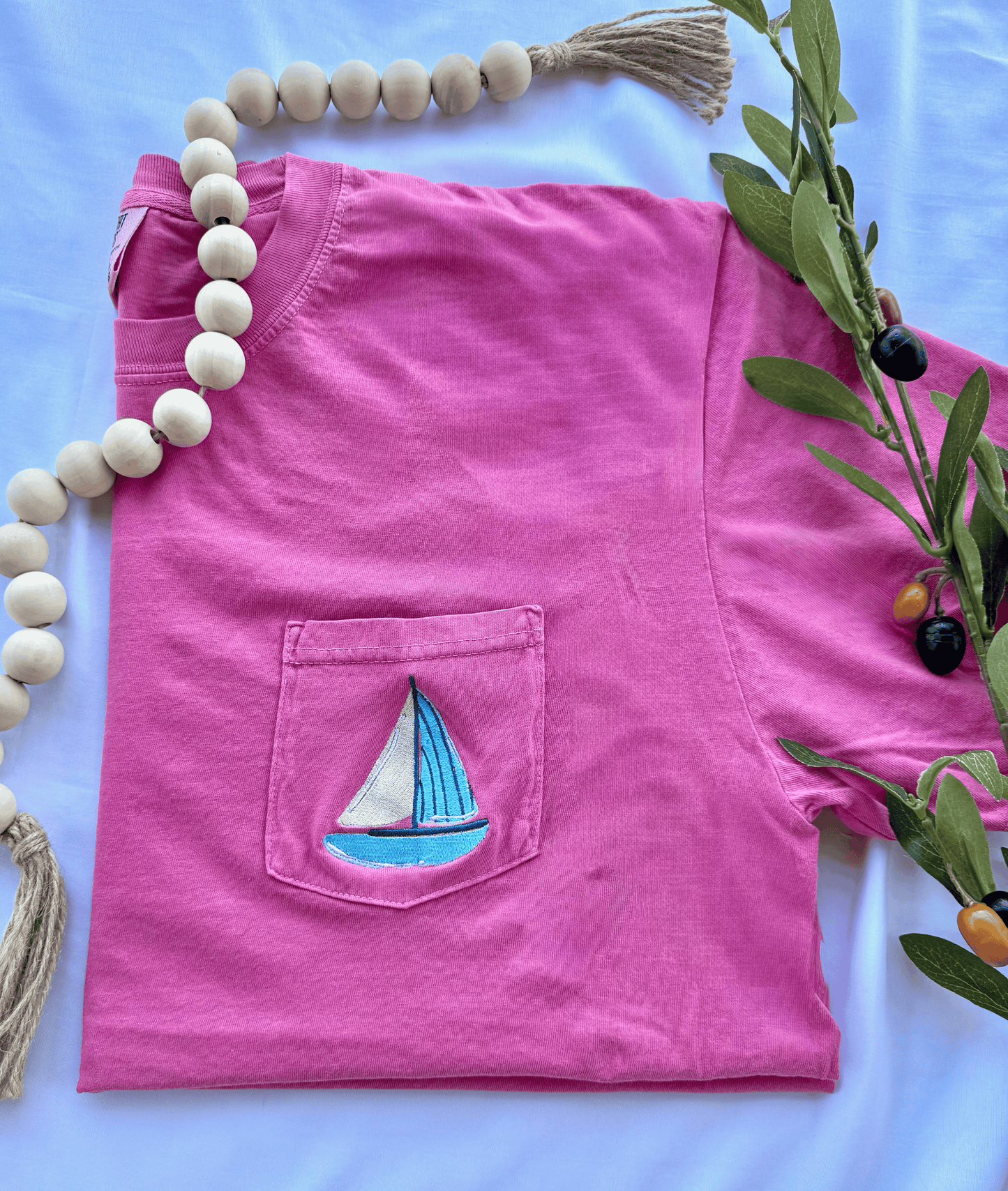 Embroidered Sailboat Pocket Tee | Comfort Colors Coastal Summer Shirt | Beach Vacation Pocket Tee