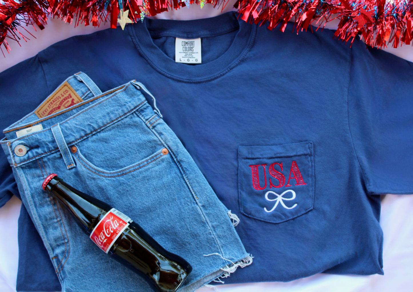 USA Embroidered Pocket Tee | Patriotic Comfort Colors Shirt | Preppy 4th of July Shirt | American Flag Aesthetic Tee