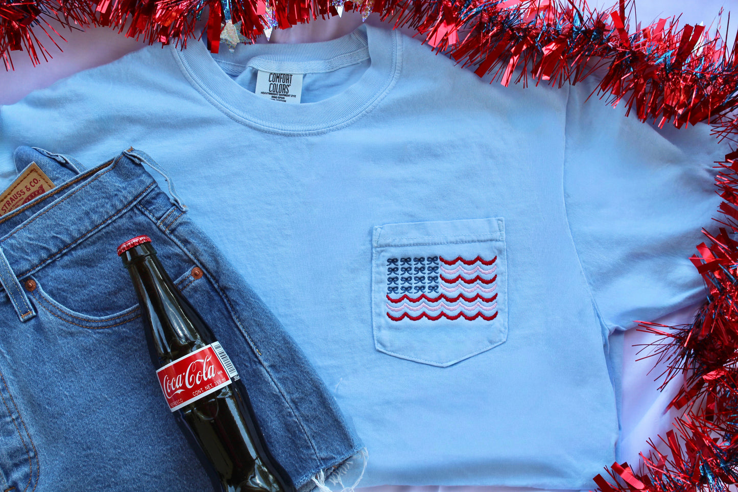 Bow American Flag Pocket Tee | Preppy Patriotic Shirt | Embroidered Flag Shirt | Comfort Colors Pocket Tee | Boutique USA Shirt