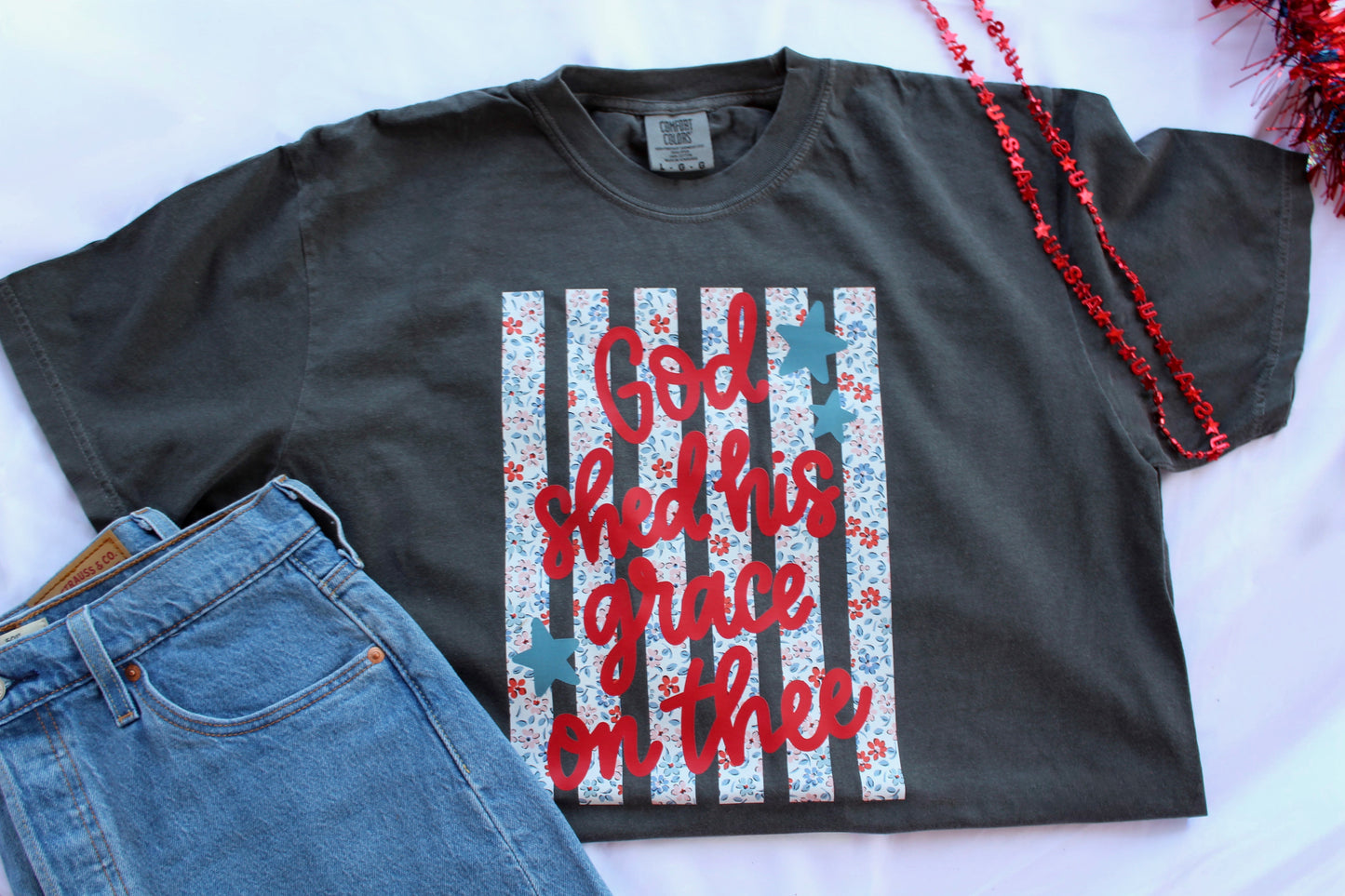 God Shed His Grace Shirt | Christian Patriotic Tee | Floral American Flag Shirt | Faith Based 4th of July Shirt | Comfort Colors Tee