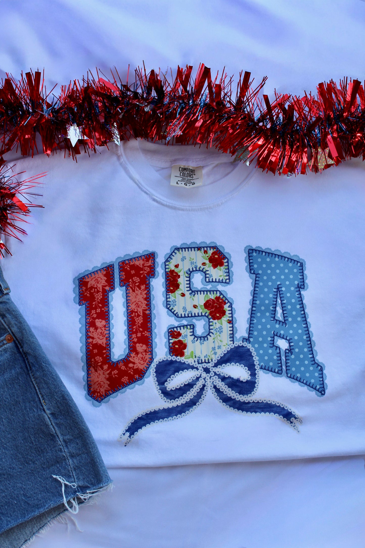 Patchwork USA Bow Shirt | Preppy Patriotic Tee | Floral USA Shirt | Coquette Patriotic Shirt | 4th of July Shirt | Comfort Colors Tee