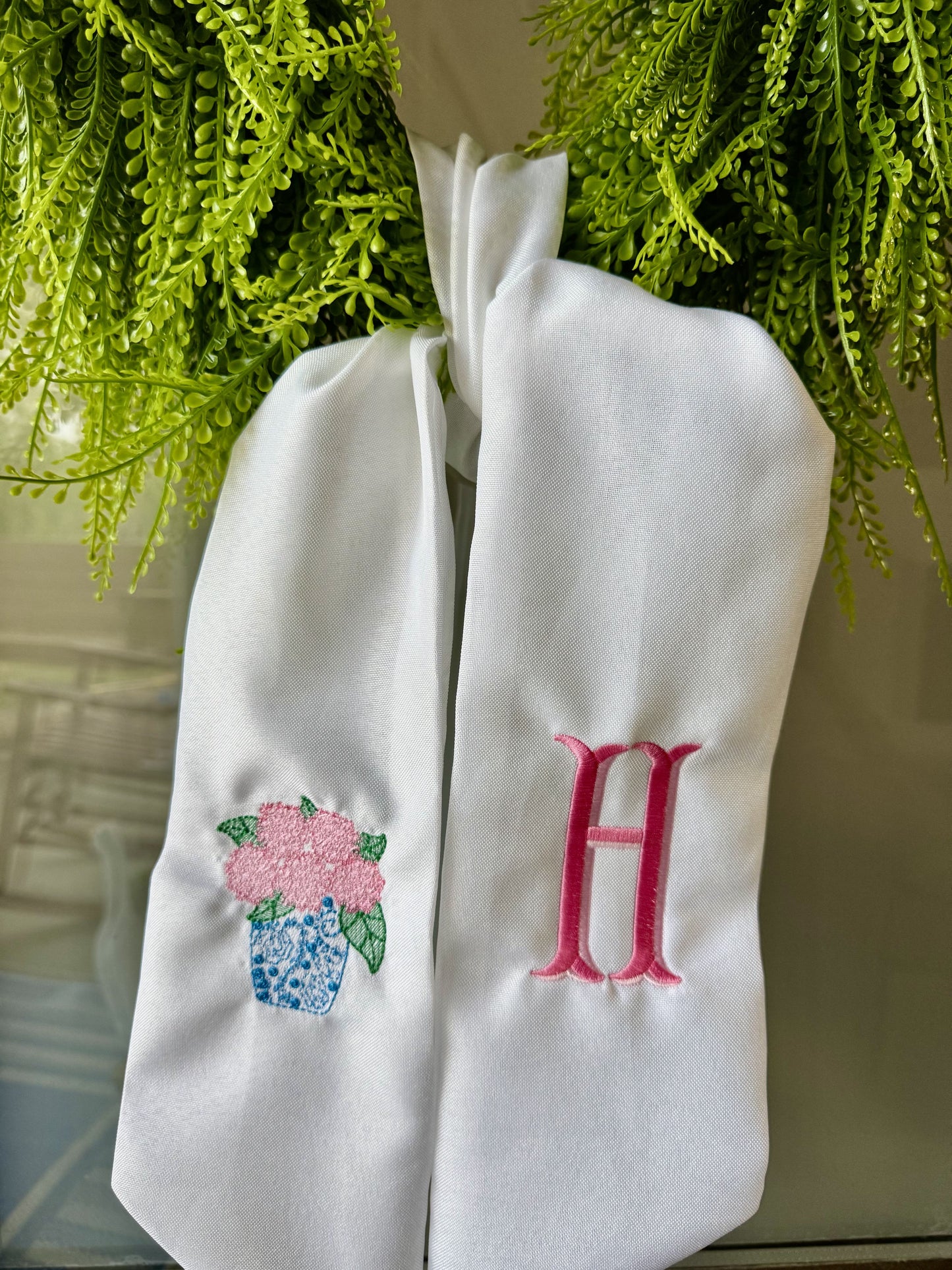 Personalized Hydrangea Embroidered Sash | Monogram Door Hanger Bow