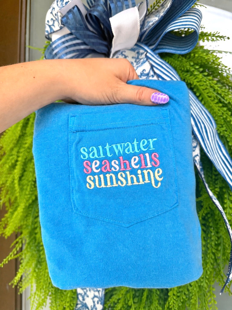 Saltwater Seashells Sunshine Embroidered Pocket Tee
