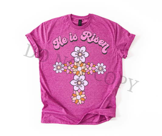 He Is Risen Floral Cross DTF Transfer – Christian Easter Flower Design – Ready to Press Heat Transfer