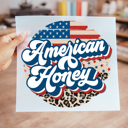 American Honey DTF Transfer | Patriotic Leopard Print Design | 4th of July Women’s Shirt Graphic | USA Script Transfer