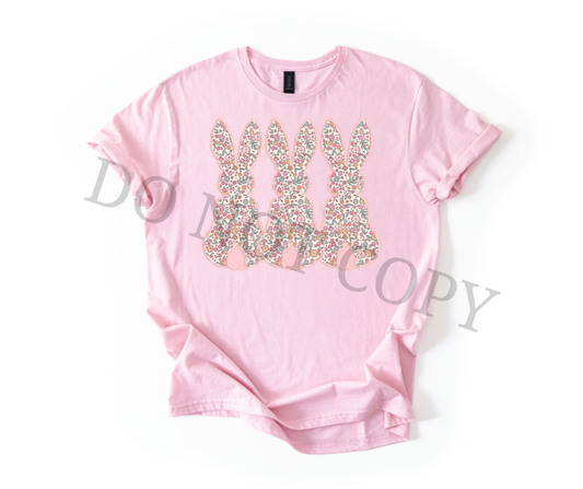 Floral Bunny Trio DTF Transfer – Vintage Easter Bunny Design – Ready to Press Heat Transfer