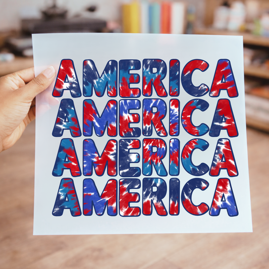 America Tie Dye DTF Transfer | Patriotic Red White Blue Design | 4th of July Graphic | Retro USA DTF Print