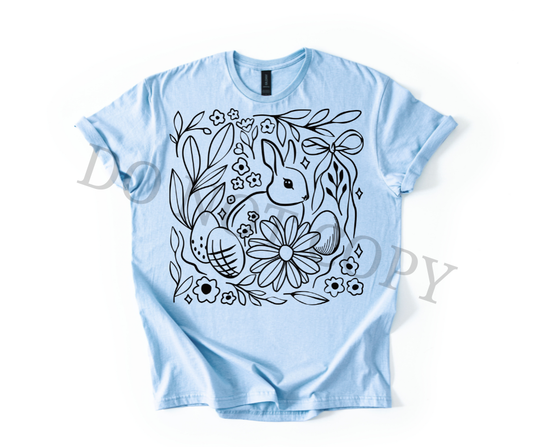 Floral Bunny Line Art DTF Transfer – Minimal Easter Bunny Design – Ready to Press Heat Transfer