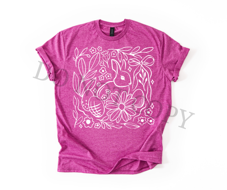 White Floral Bunny Line Art DTF Transfer – All White Ink Easter Design – Ready to Press Heat Transfer