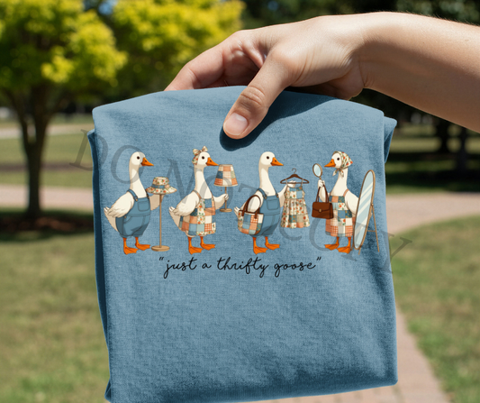 Just a Thrifty Goose DTF Transfer Ready to Press | Vintage Goose Graphic | Cottage Core Thrift Lover Shirt Design for Boutique