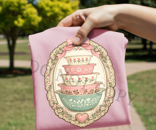 Vintage Floral Mixing Bowls DTF Transfer Ready to Press | Grandmillennial Pink Cottage Core Graphic | Heirloom Kitchen Shirt Design