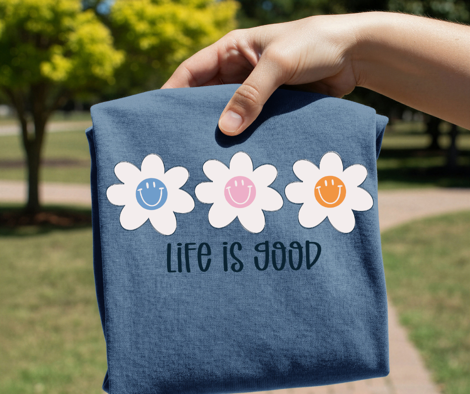 Life Is So Good DTF Transfer Ready to Press | Smiley Daisy Graphic | Retro Positive Message Shirt Design for Boutique