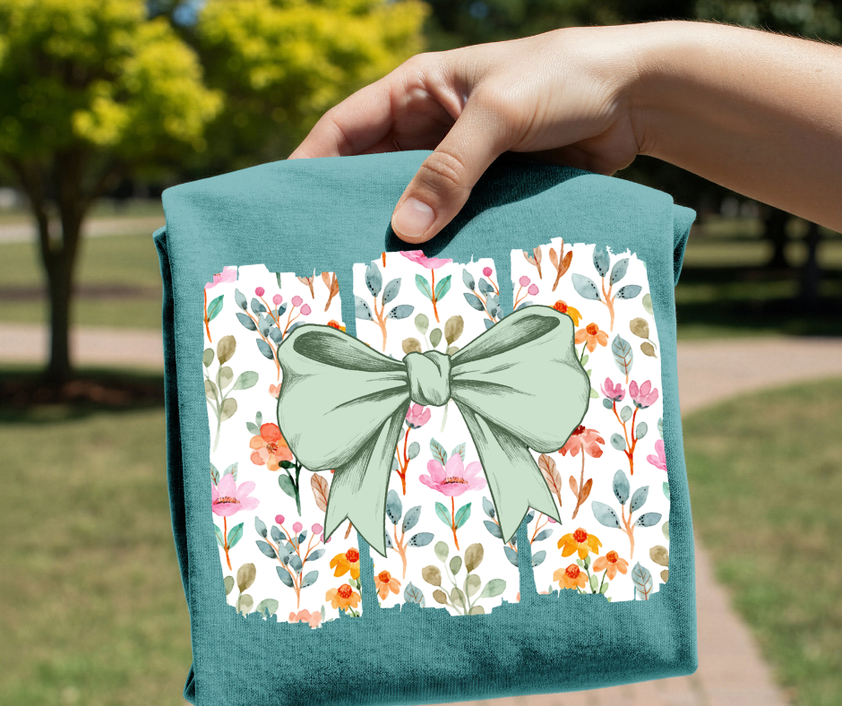 Sage Floral Bow DTF Transfer – Grandmillennial Spring Design | Ready to Press Heat Transfer for Shirt Makers