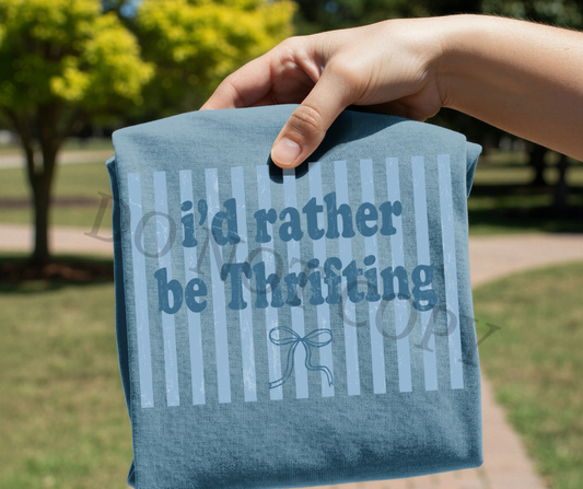 I’d Rather Be Thrifting DTF Transfer – Coquette Bow Stripe Design | Ready to Press Heat Transfer for Shirt Makers