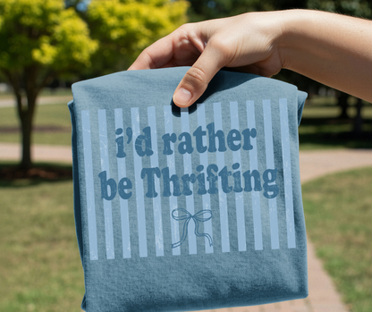 I’d Rather Be Thrifting DTF Transfer – Coquette Bow Stripe Design | Ready to Press Heat Transfer for Shirt Makers