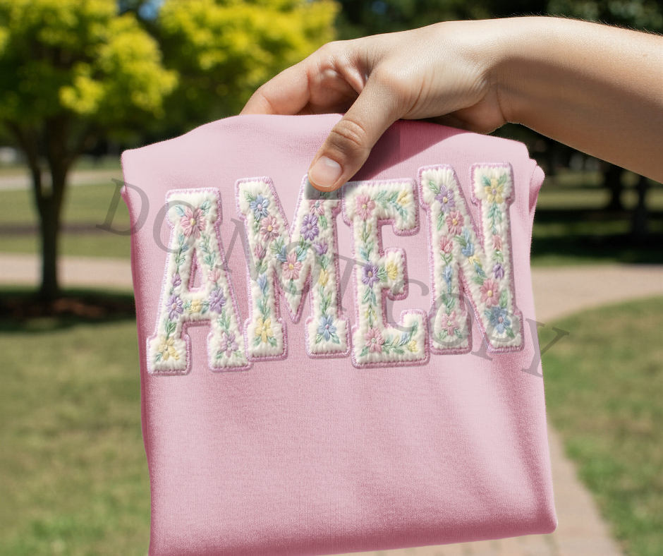 Floral “Amen” DTF Transfer – Vintage Chenille Patch Style | Easter Spring Ready to Press Heat Transfer