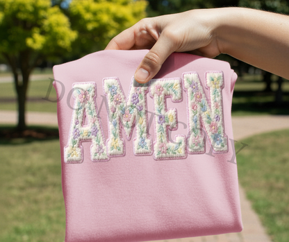Floral “Amen” DTF Transfer – Vintage Chenille Patch Style | Easter Spring Ready to Press Heat Transfer