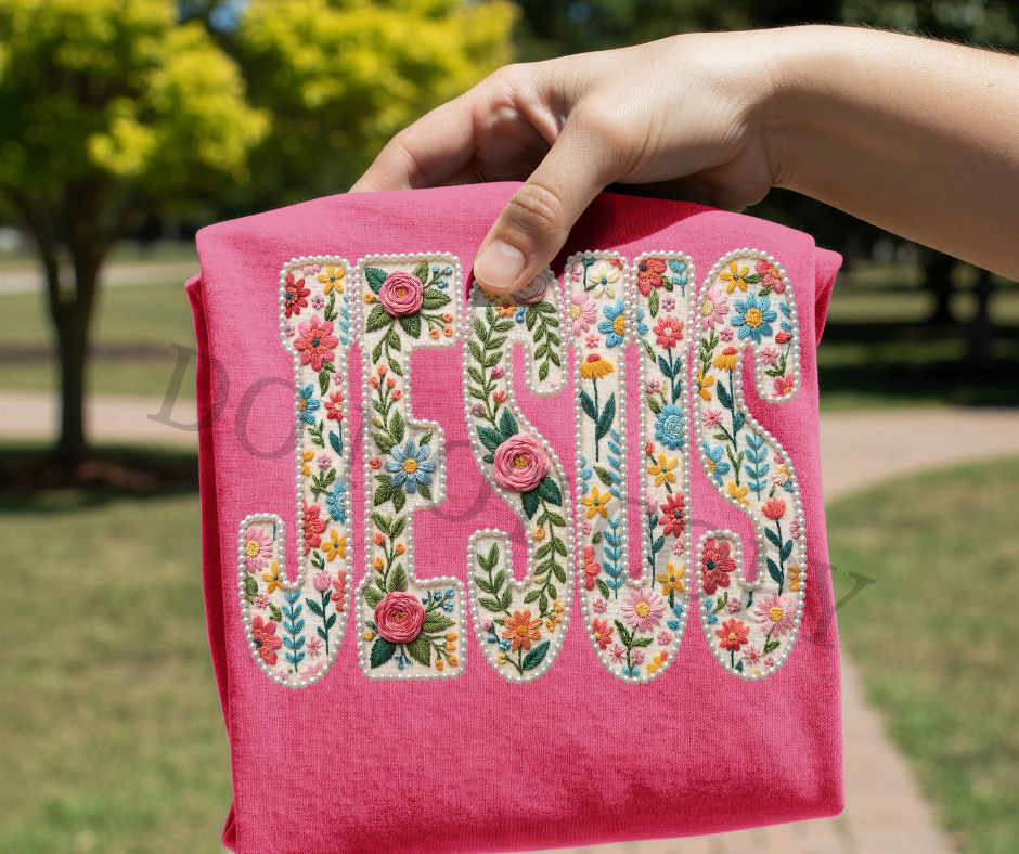 Floral “Jesus” DTF Transfer – Faux Embroidered Pearl Patch Style | Easter Christian Ready to Press Heat Transfer