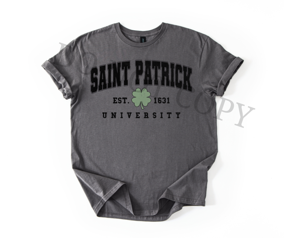 Saint Patrick University DTF Transfer | St Patrick’s Day Heat Transfer | Varsity Irish Ready to Press