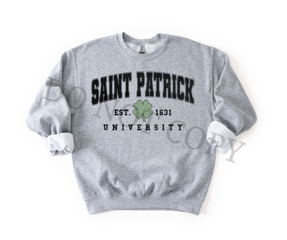 Saint Patrick University DTF Transfer | St Patrick’s Day Heat Transfer | Varsity Irish Ready to Press