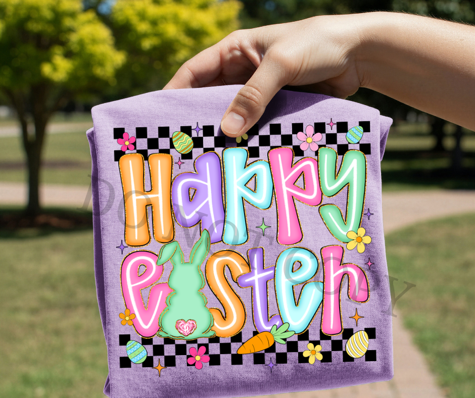 Happy Easter Retro DTF Transfer – Checkerboard Bunny Spring Design | Ready to Press Heat Transfer for Shirt Makers