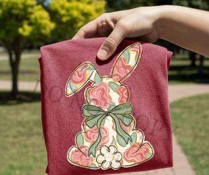 Floral Easter Bunny DTF Transfer – Vintage Bow Spring Design | Ready to Press Heat Transfer for Shirt Makers