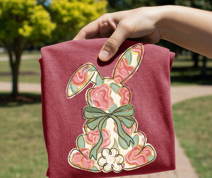 Floral Easter Bunny DTF Transfer – Vintage Bow Spring Design | Ready to Press Heat Transfer for Shirt Makers