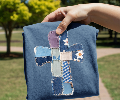 Patchwork Cross DTF Transfer – Denim Quilt Christian Design | Ready to Press Faith Heat Transfer for Shirt Makers