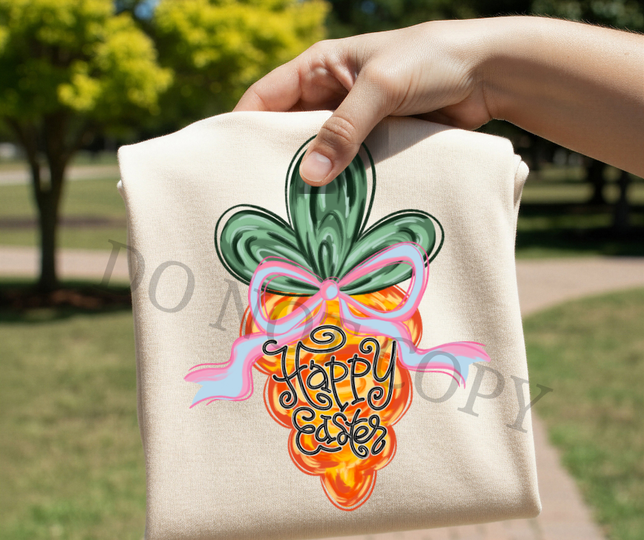 Happy Easter Carrot DTF Transfer – Bow Bunny Spring Design | Ready to Press Heat Transfer for Shirt Makers