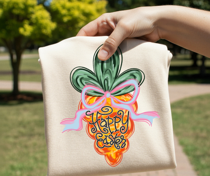 Happy Easter Carrot DTF Transfer – Bow Bunny Spring Design | Ready to Press Heat Transfer for Shirt Makers