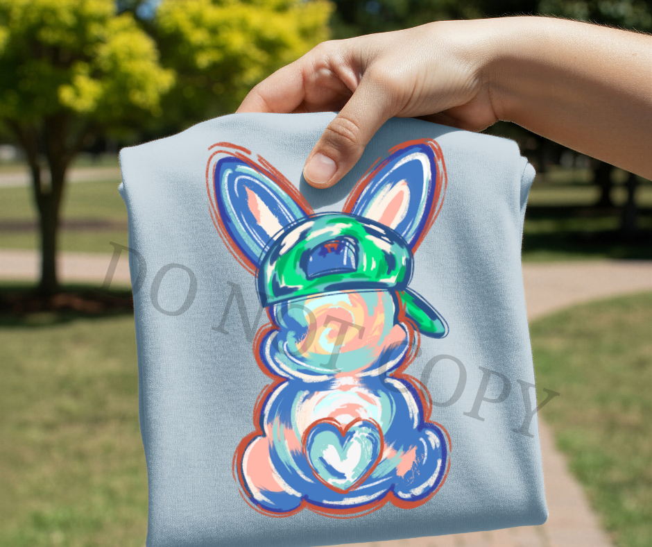 Sporty Easter Bunny DTF Transfer – Baseball Cap Bunny Spring Design | Ready to Press Heat Transfer for Shirts