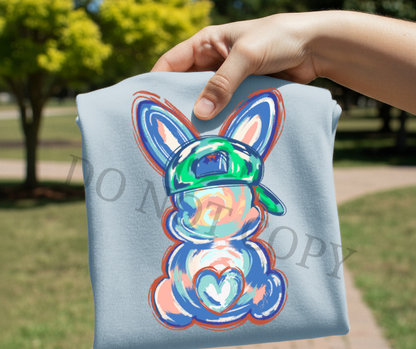 Sporty Easter Bunny DTF Transfer – Baseball Cap Bunny Spring Design | Ready to Press Heat Transfer for Shirts