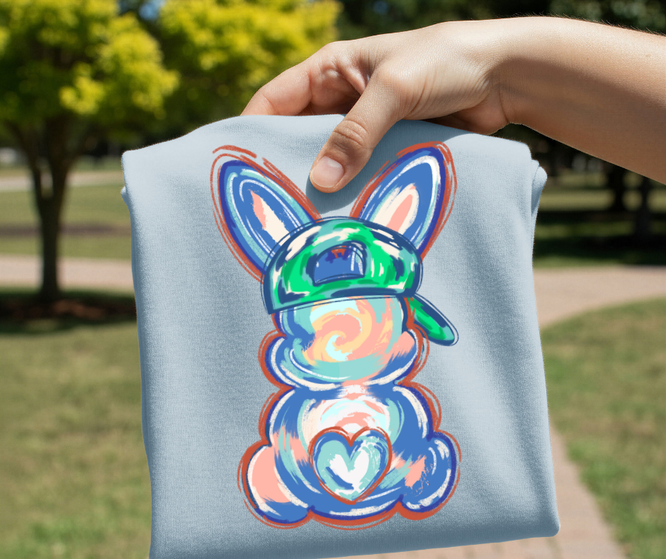 Sporty Easter Bunny DTF Transfer – Baseball Cap Bunny Spring Design | Ready to Press Heat Transfer for Shirts