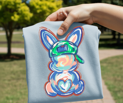 Sporty Easter Bunny DTF Transfer – Baseball Cap Bunny Spring Design | Ready to Press Heat Transfer for Shirts