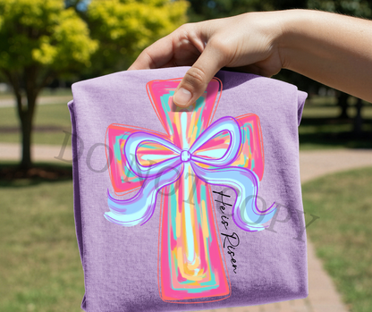 He Is Risen Cross DTF Transfer – Pastel Bow Easter Faith Design | Ready to Press Heat Transfer for Shirts