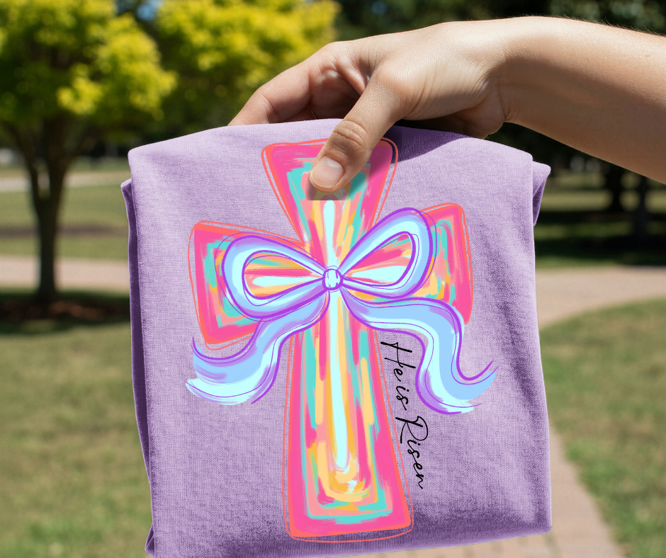 He Is Risen Cross DTF Transfer – Pastel Bow Easter Faith Design | Ready to Press Heat Transfer for Shirts