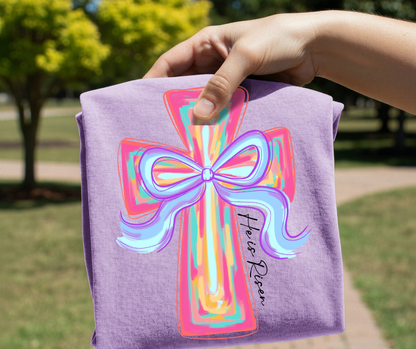 He Is Risen Cross DTF Transfer – Pastel Bow Easter Faith Design | Ready to Press Heat Transfer for Shirts