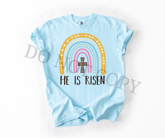 He Is Risen DTF Transfer – Christian Easter Rainbow Cross Design – Ready to Press Heat Transfer
