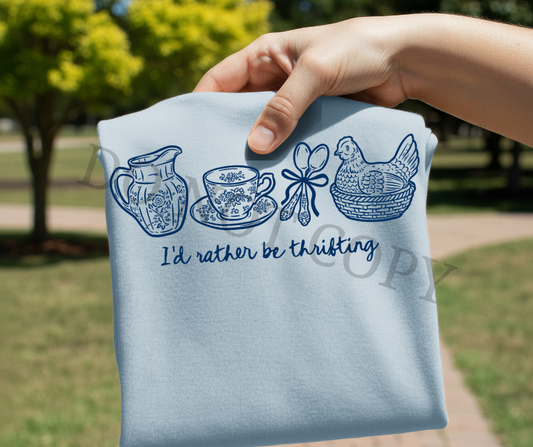 I’d Rather Be Thrifting DTF Transfer Ready to Press | Grandmillennial Vintage Blue Graphic | Thrift Lover Shirt Design for Boutique & Small Business