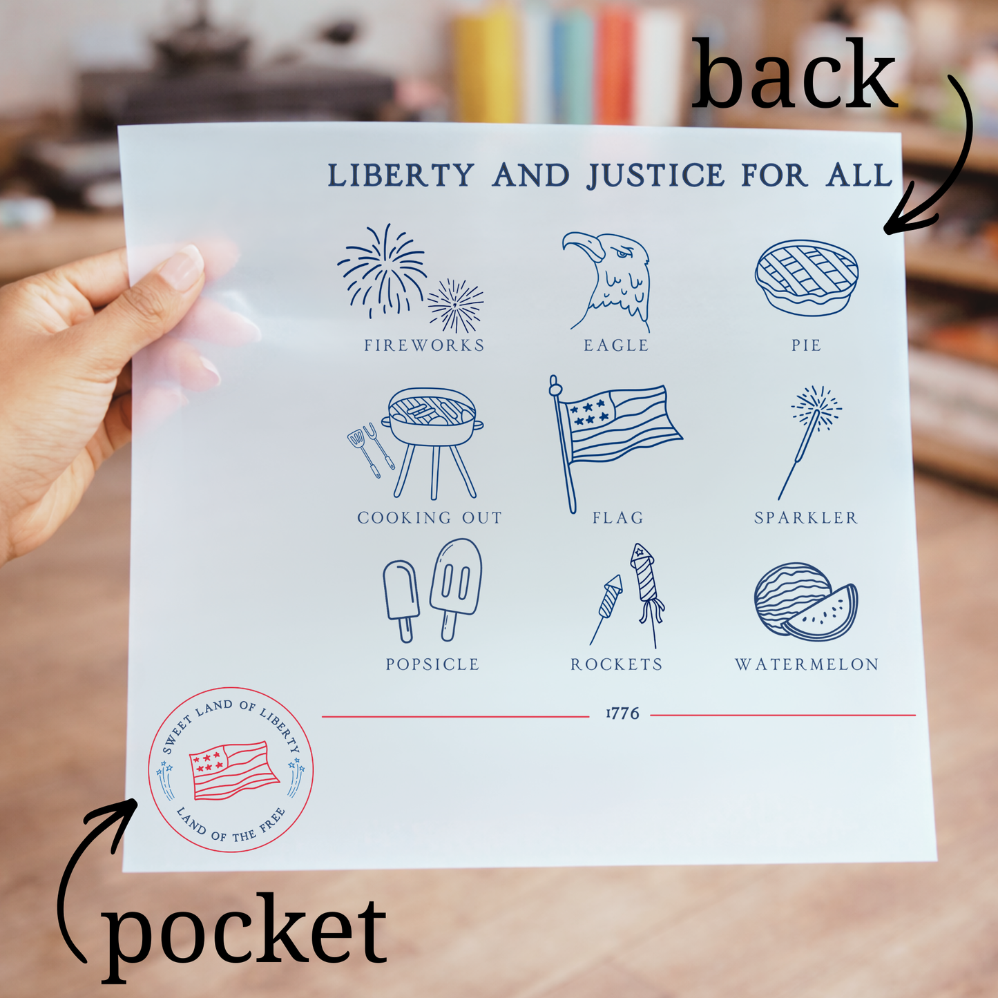 Patriotic Icons DTF Transfer | Liberty and Justice for All | 4th of July Transfer | Americana DTF Print | Pocket + Back Design