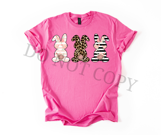 Triple Bunny DTF Transfer – Floral Leopard Striped Easter Bunny Design – Ready to Press Heat Transfer