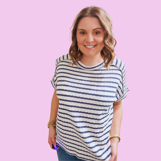 All-American Stripe Texture Tee | Denim Striped Boutique Top | Walker James Boutique