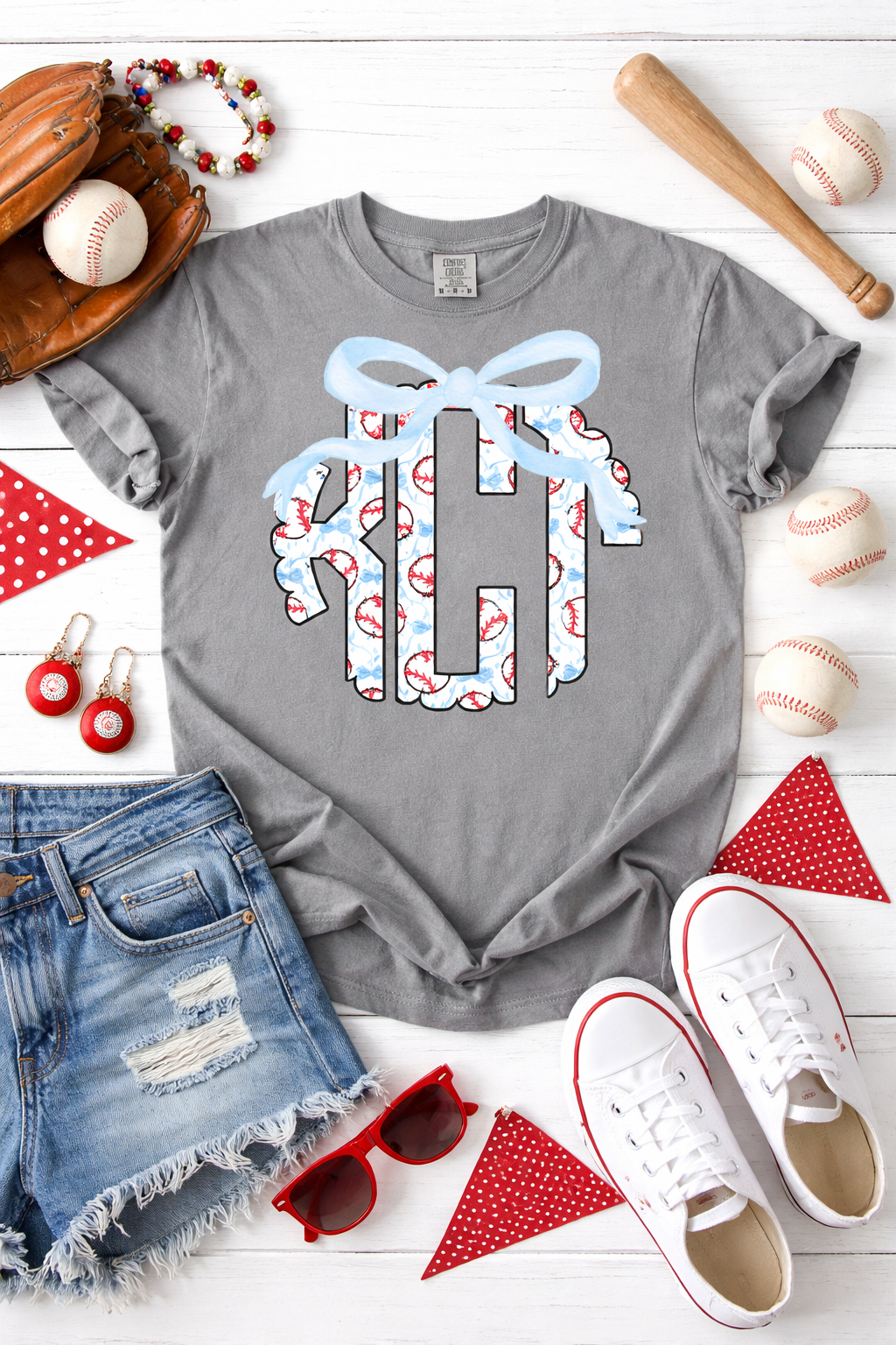 Baseball Bow Monogram Comfort Colors Tee – Personalized Sports Mom Shirt, Soft Washed Graphic T-Shirt