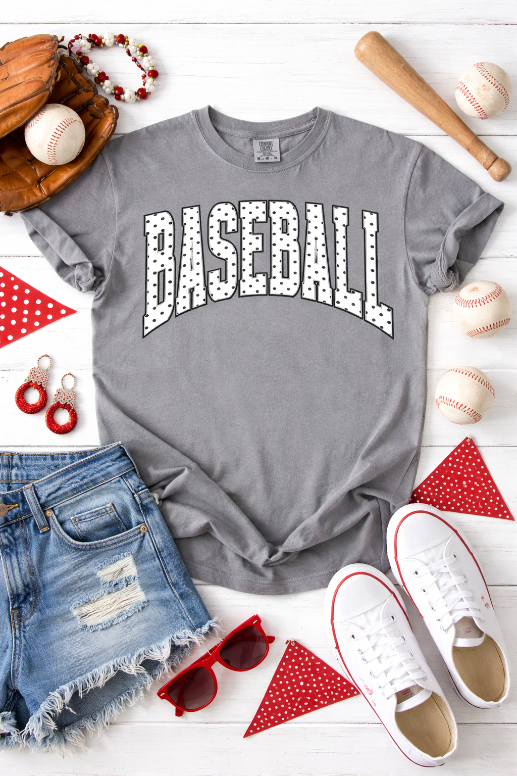 Polka Dot Baseball Graphic Tee – Women’s Boutique Style, Sporty Casual Shirt