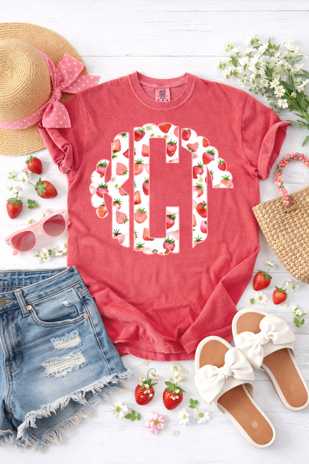 Strawberry Monogram Tee | Spring Boutique Graphic Shirt | Personalized Style Look