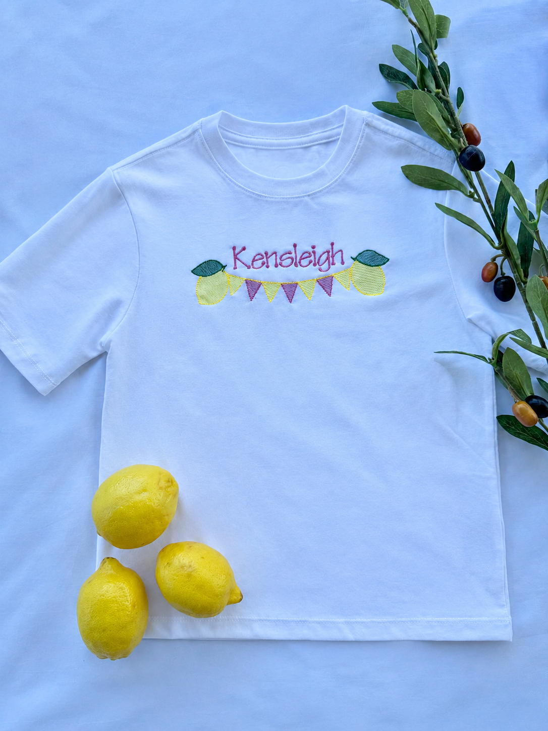 Personalized Lemon Banner Kids Tee | Custom Embroidered Name Shirt | Summer Boutique Kids Shirt
