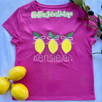 Little Lemons Custom Name Tee | Embroidered Girls Lemon Shirt | Personalized Kids Summer Tee | Little Names™ Collection
